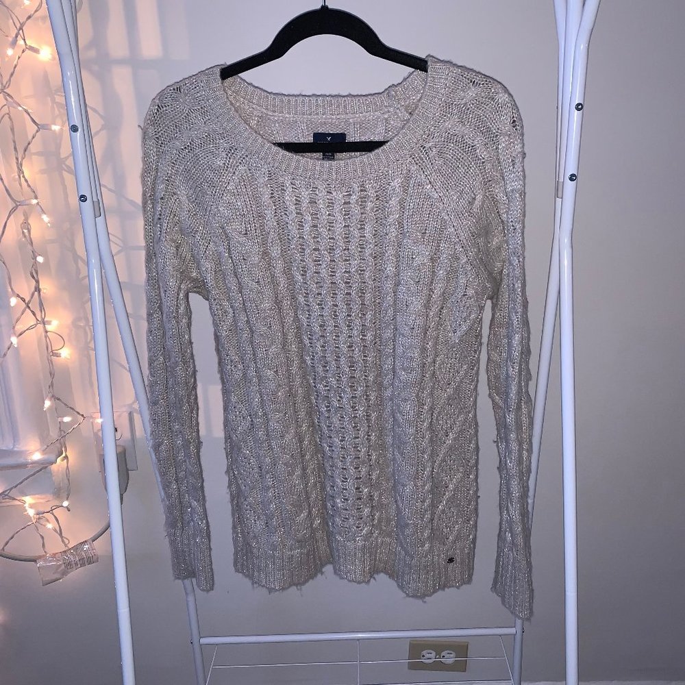 American Eagle Cream / Gray Metallic Cable Knit Sweater
